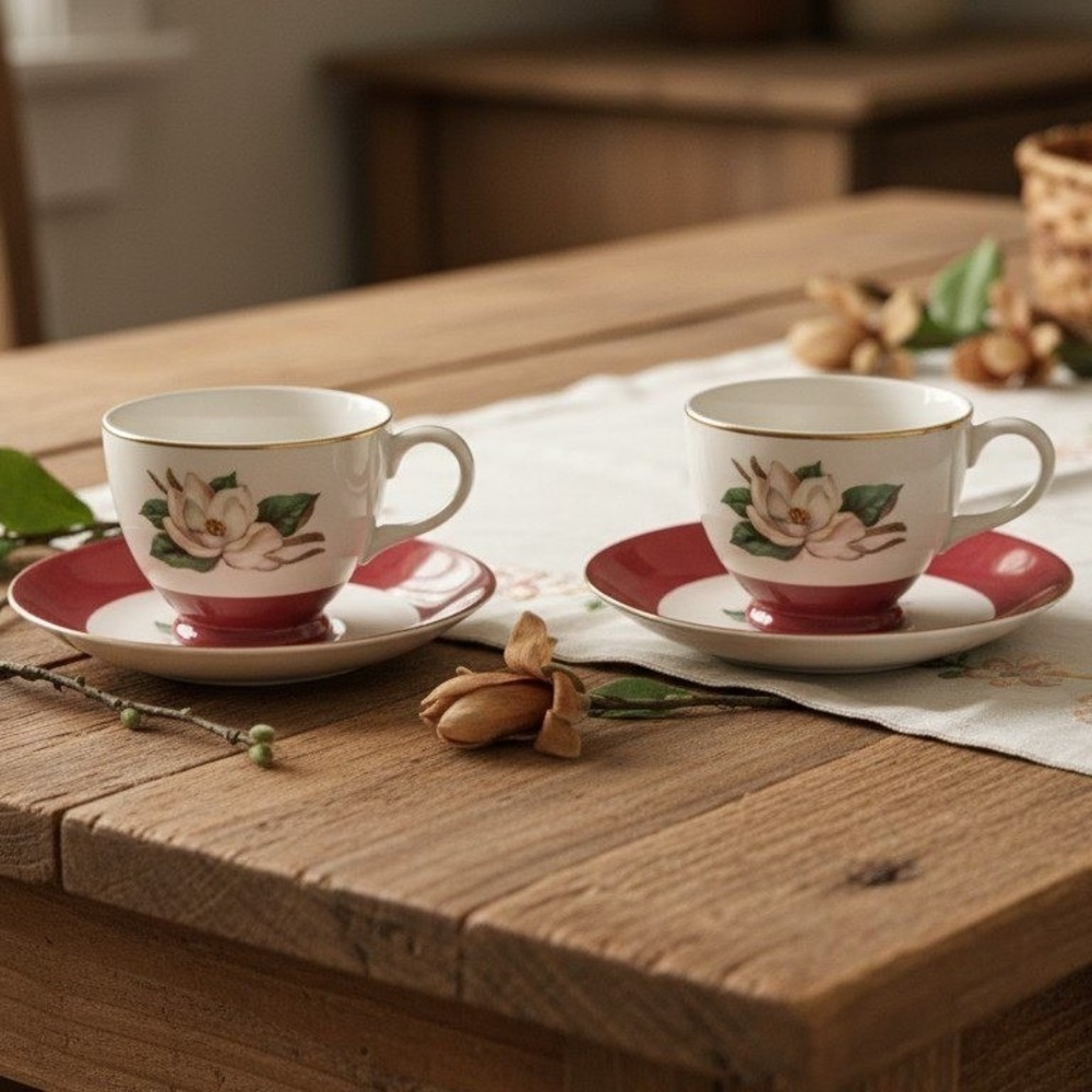 Homer Laughlin Burgundy Magnolia Teacups & Saucers, Four Pieces, Lifetime China